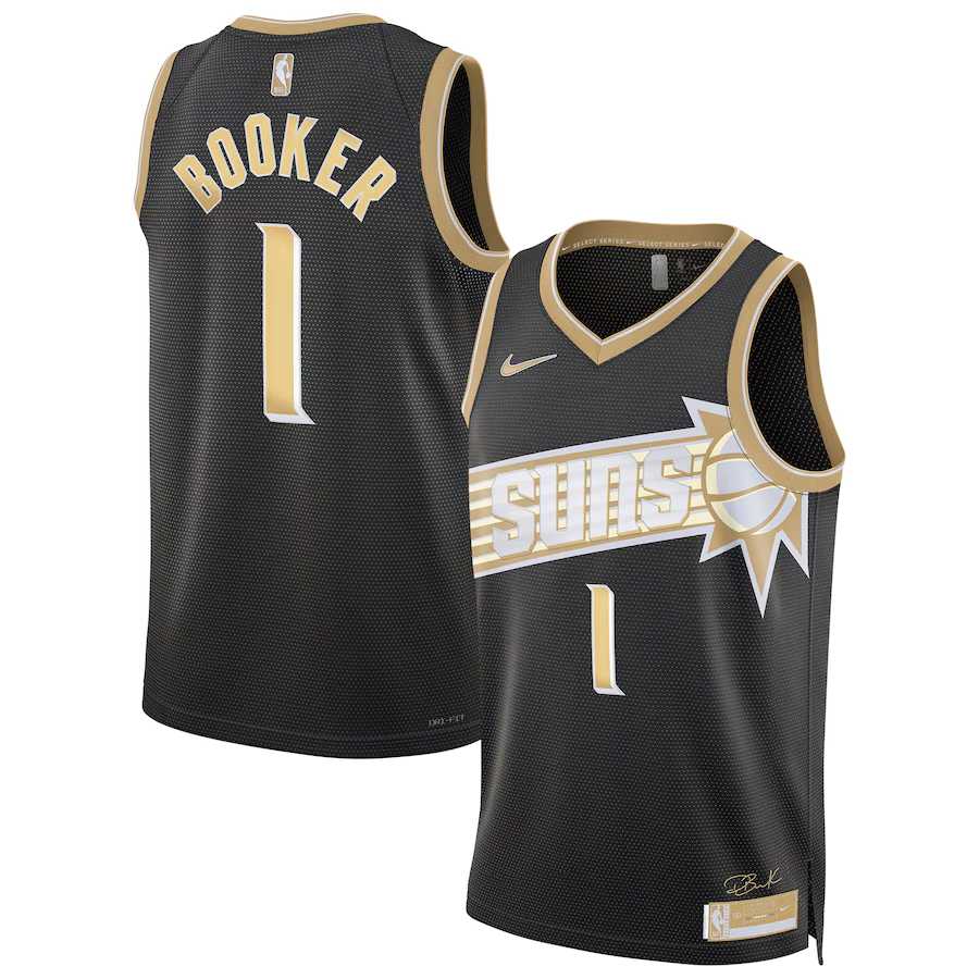 Men%27s Phoenix Suns #1 Devin Booker Black Gold 2024 Select Series Stitched Jersey Dzhi->philadelphia 76ers->NBA Jersey